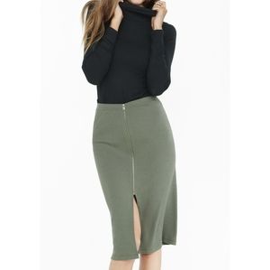 EXPRESS Olive Green ribbed front zip midi skirt